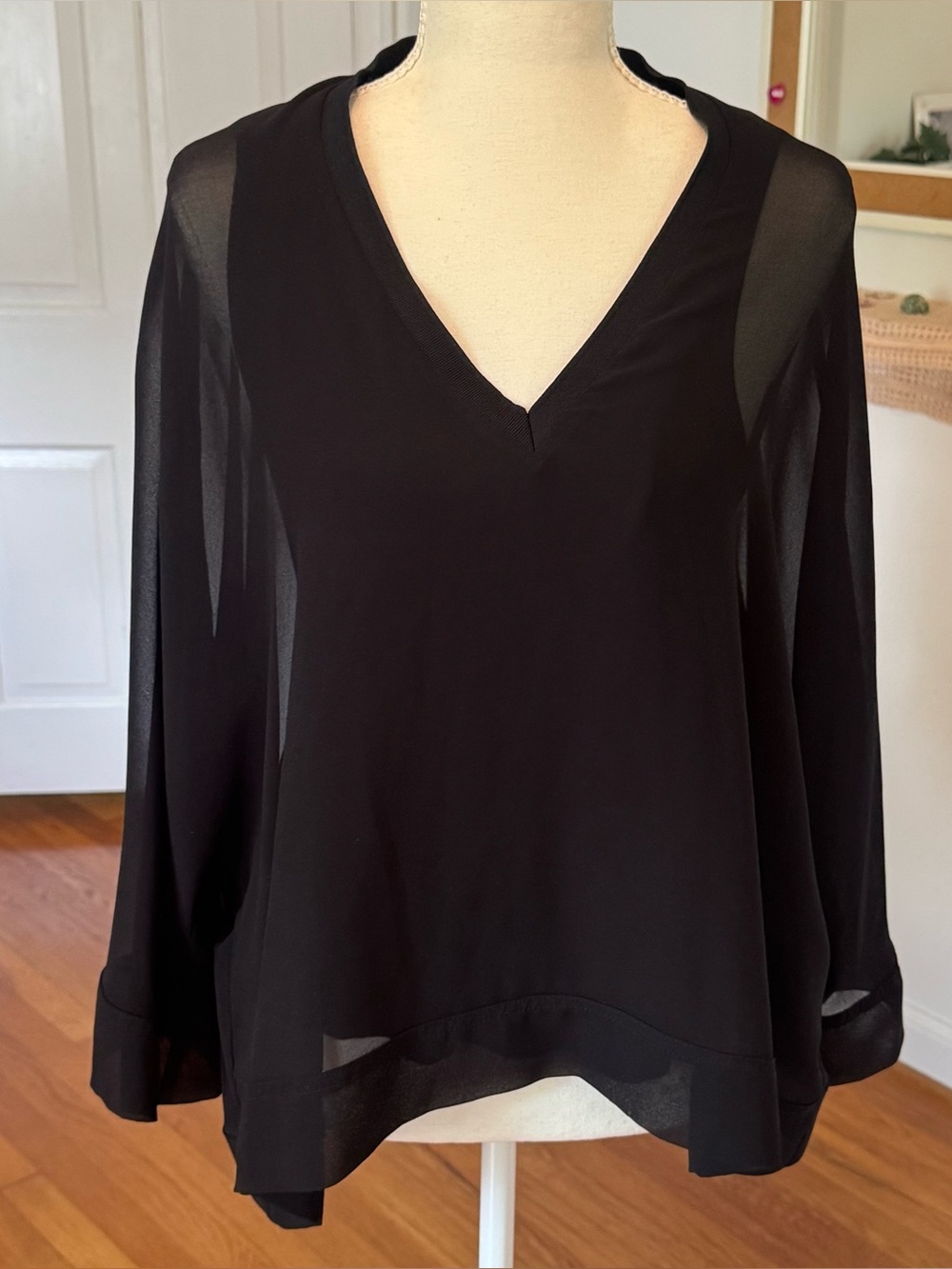 Zara Black Semi Sheer V Neck Flowy Layered Overlay Tank Going Out Top Size Med